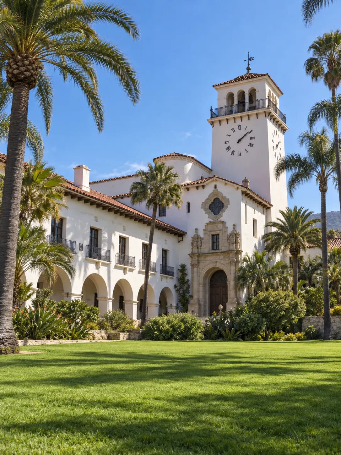 Santa Barbara County Courthouse, with its clock tower, palms, and lawn.